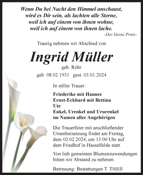 Traueranzeigen Von Ingrid M Ller Abschied Nehmen De