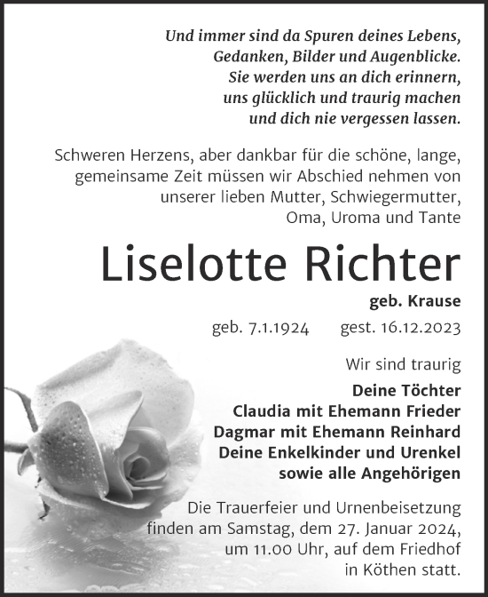 Traueranzeigen Von Liselotte Richter Abschied Nehmen De