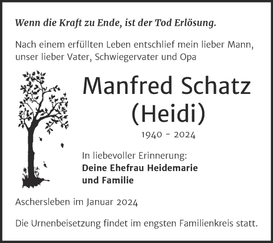 Traueranzeigen Von Manfred Schatz Abschied Nehmen De