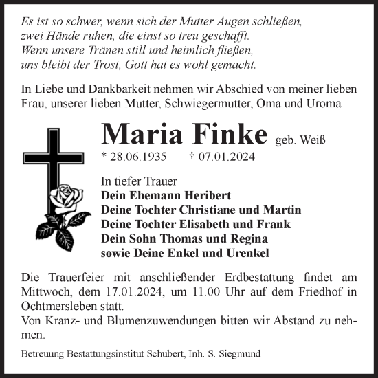 Traueranzeigen Von Maria Finke Abschied Nehmen De