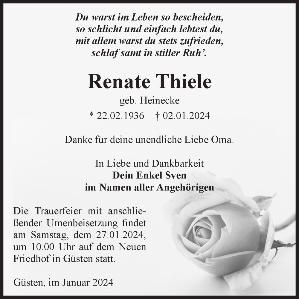 Traueranzeigen Von Renate Thiele Abschied Nehmen De