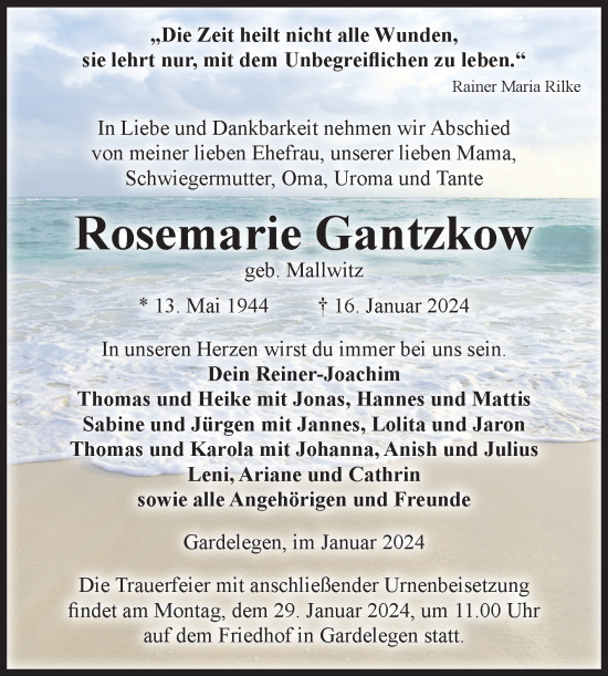 Traueranzeigen Von Rosemarie Gantzkow Abschied Nehmen De