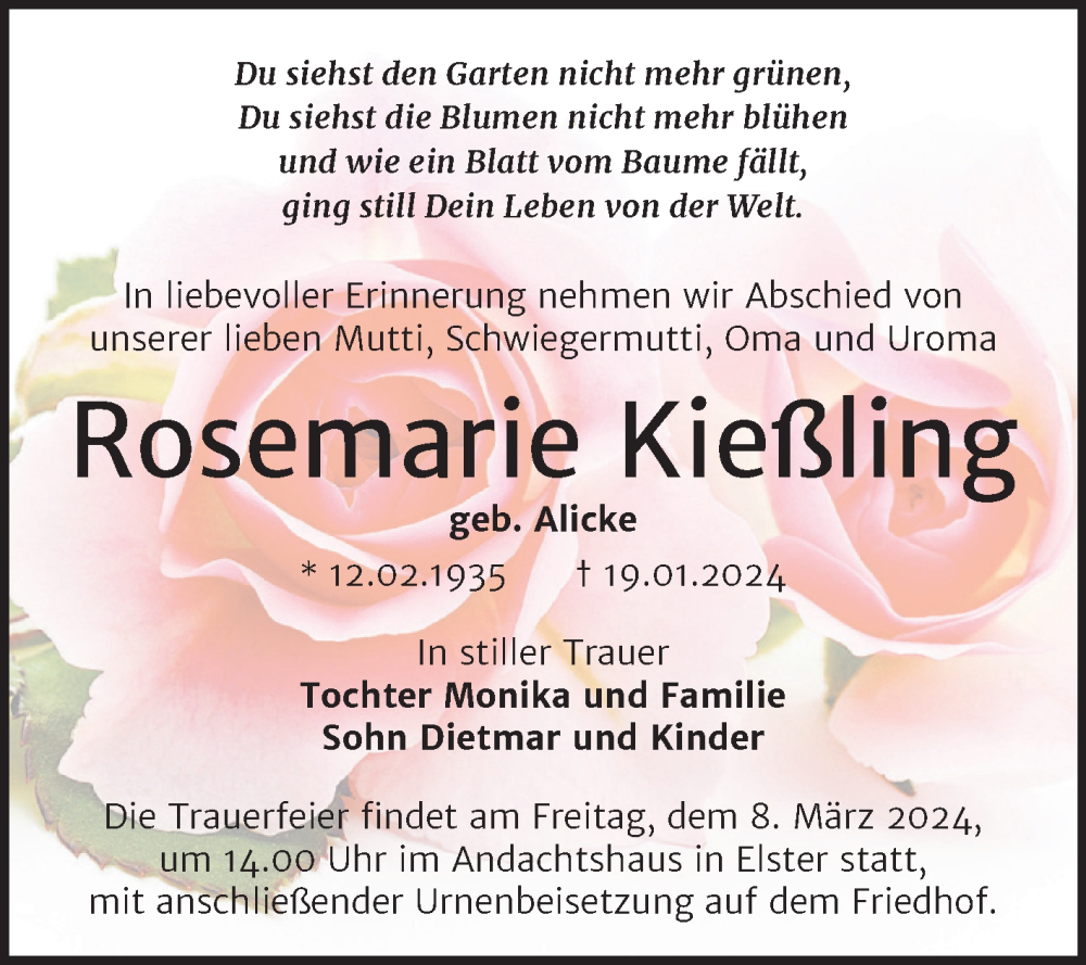 Traueranzeigen Von Rosemarie Kie Ling Abschied Nehmen De