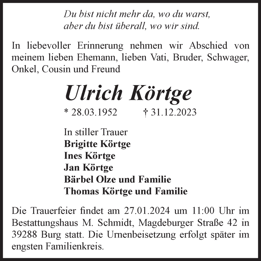 Traueranzeigen von Ulrich Körtge abschied nehmen de