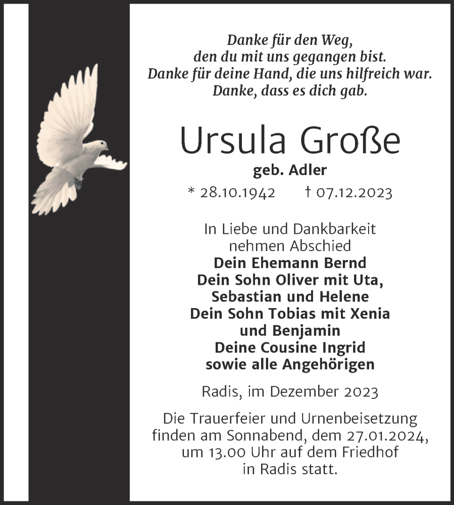 Traueranzeigen Von Ursula Gro E Abschied Nehmen De