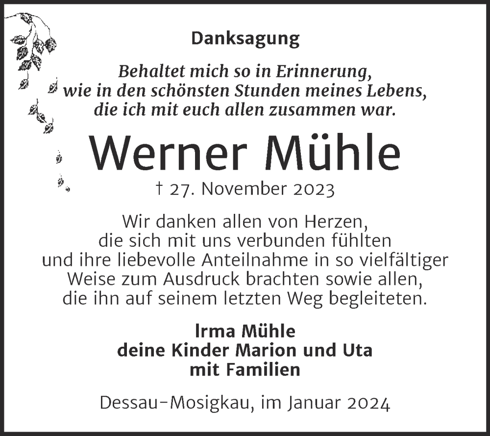 Traueranzeigen Von Werner M Hle Abschied Nehmen De