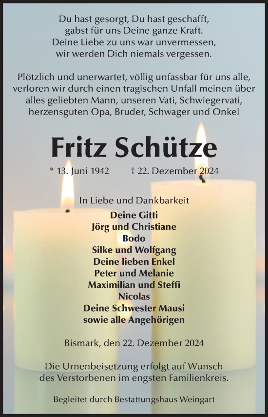 Traueranzeigen von Fritz Schütze abschied nehmen de