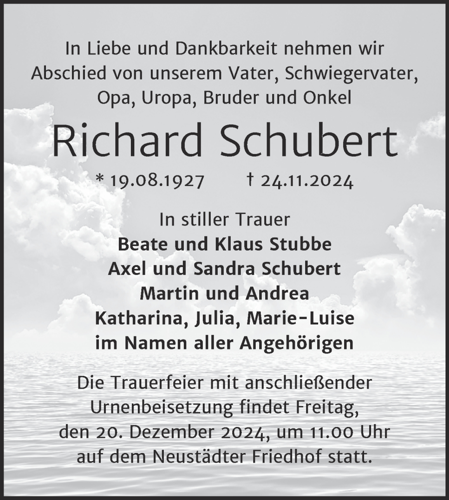 Traueranzeigen Von Richard Schubert Abschied Nehmen De