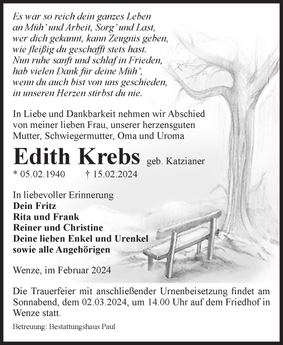 Traueranzeigen Von Edith Krebs Abschied Nehmen De