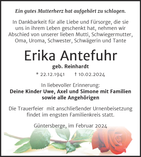 Traueranzeigen Von Erika Antefuhr Abschied Nehmen De