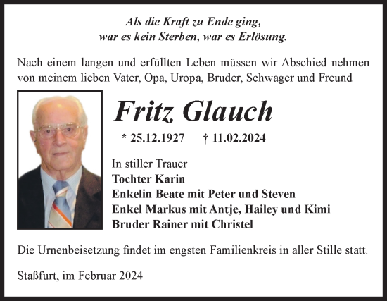 Traueranzeigen Von Fritz Glauch Abschied Nehmen De