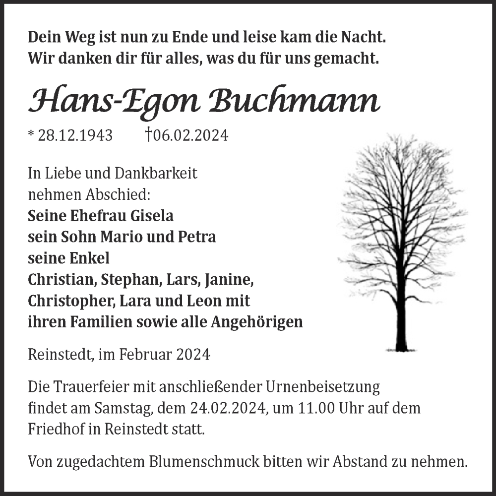 Traueranzeigen Von Hans Egon Buchmann Abschied Nehmen De