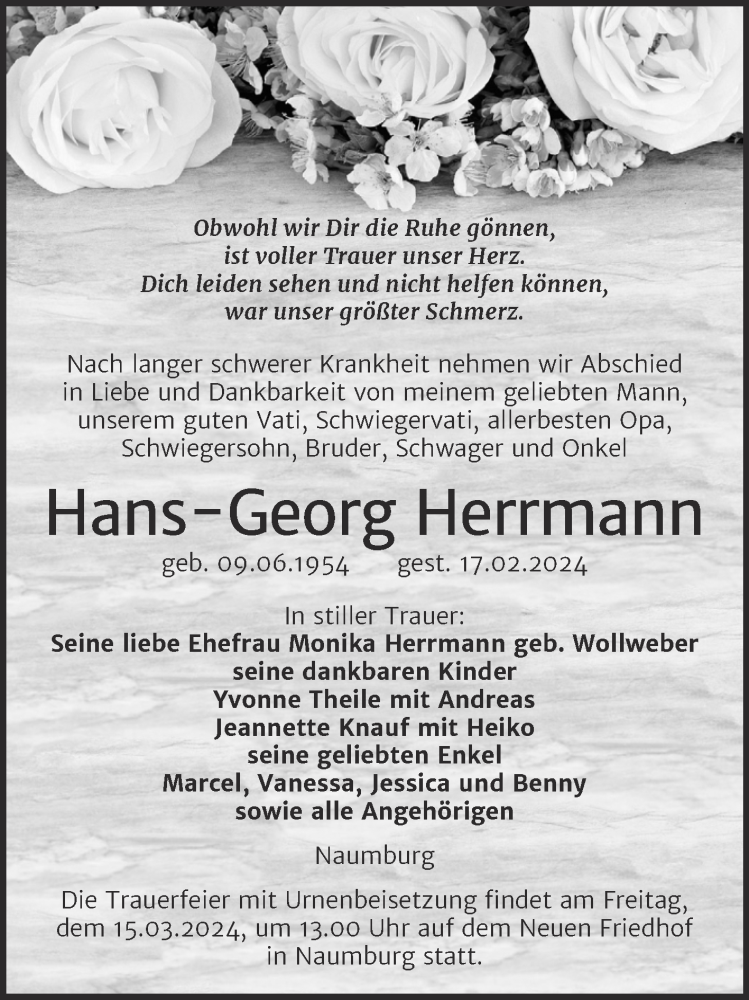 Traueranzeigen Von Hans Georg Herrmann Abschied Nehmen De