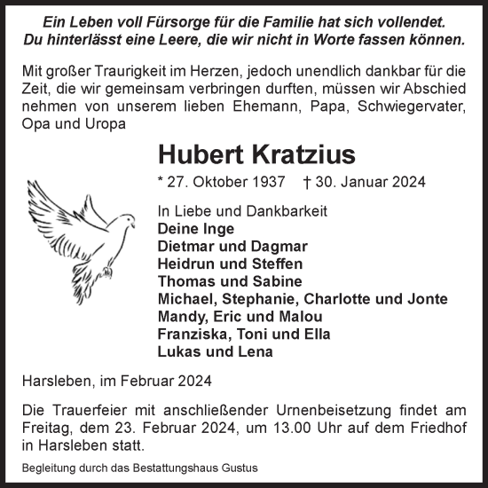 Traueranzeigen Von Hubert Kratzius Abschied Nehmen De