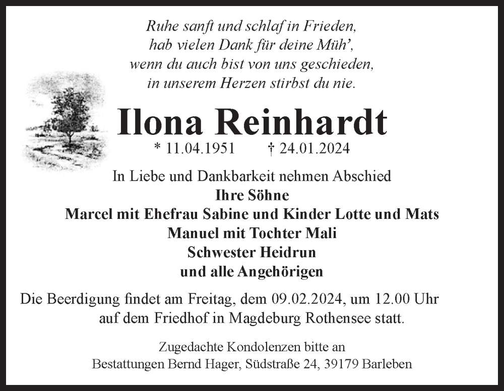 Traueranzeigen Von Ilona Reinhardt Abschied Nehmen De