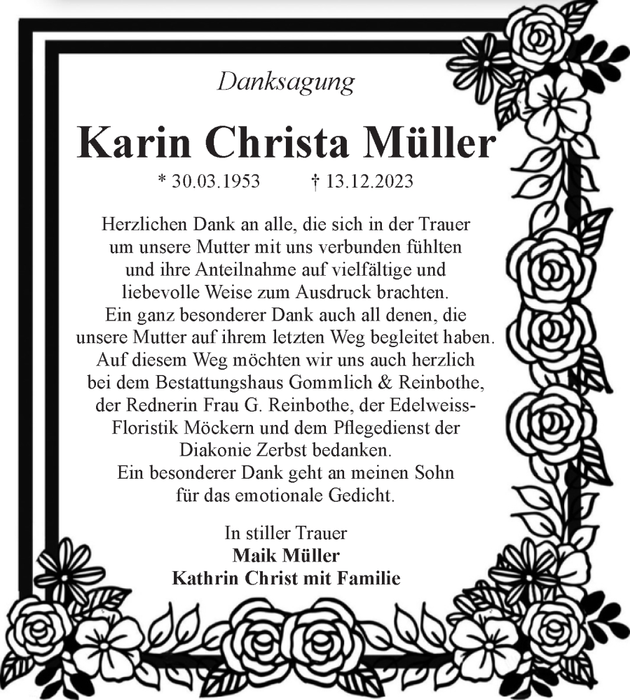 Traueranzeigen von Karin Christa Müller abschied nehmen de