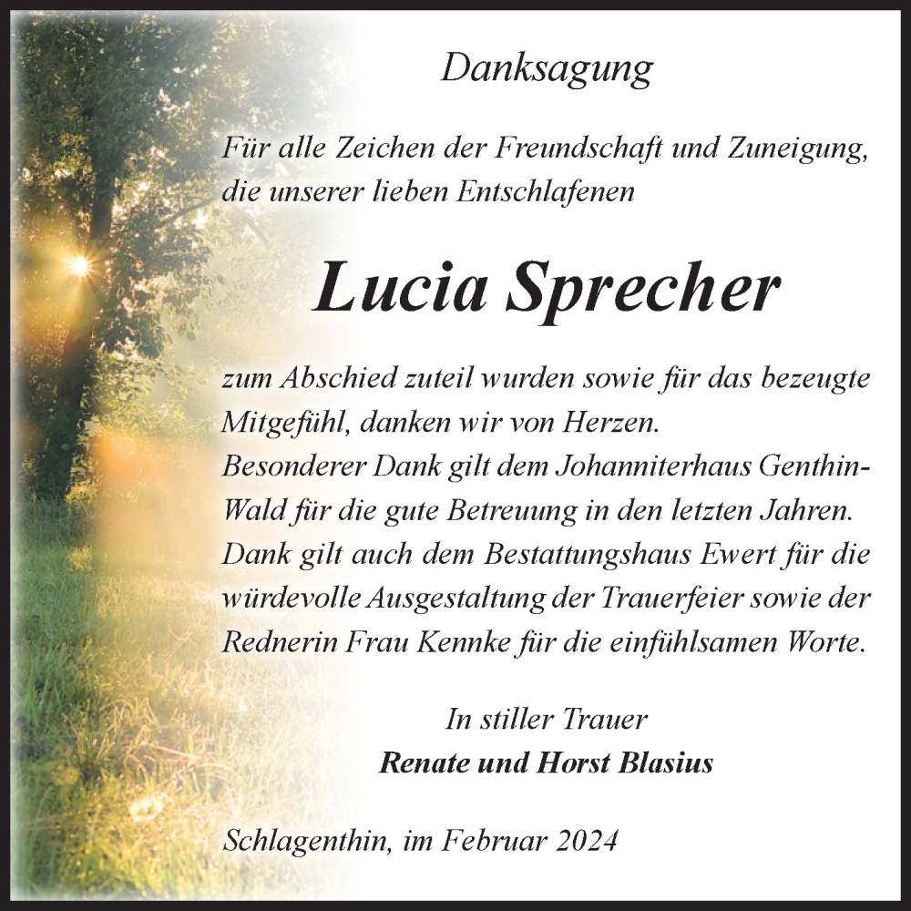 Traueranzeigen Von Lucia Sprecher Abschied Nehmen De