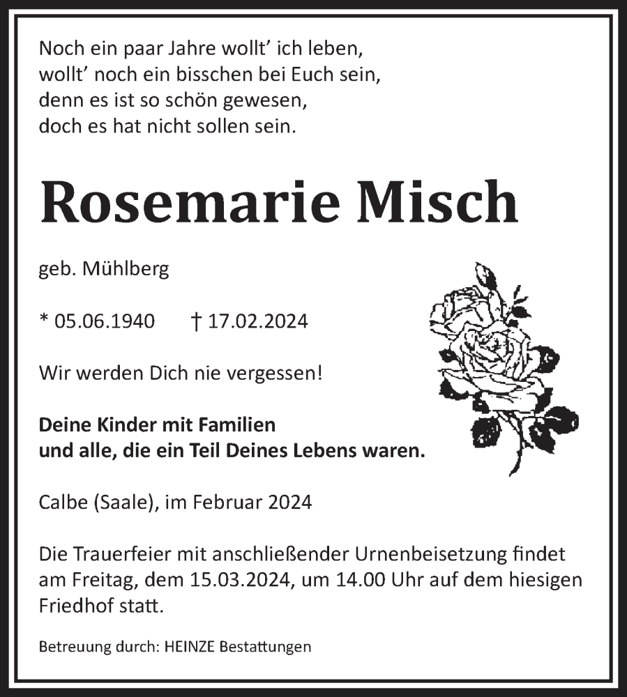 Traueranzeigen Von Rosemarie Misch Abschied Nehmen De