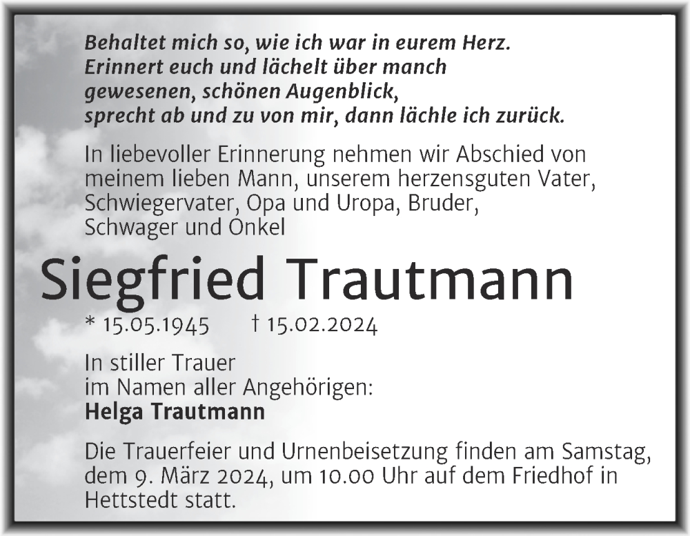 Traueranzeigen Von Siegfried Trautmann Abschied Nehmen De