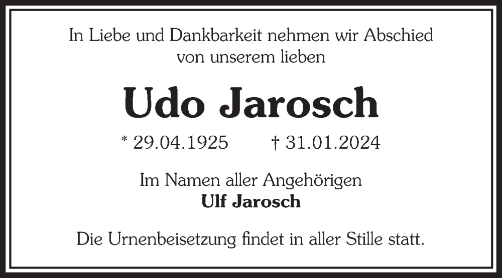 Traueranzeigen Von Udo Jarosch Abschied Nehmen De