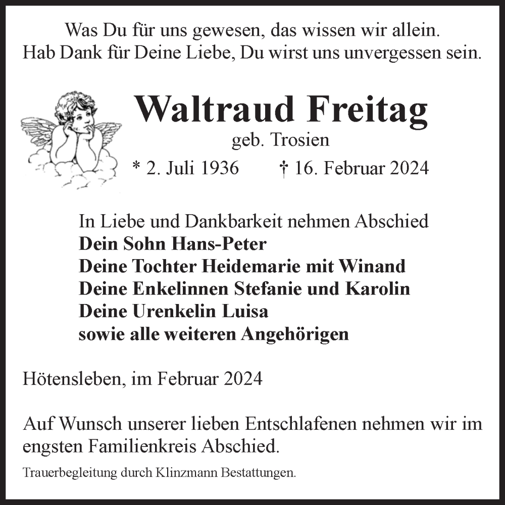 Traueranzeigen Von Waltraud Freitag Abschied Nehmen De