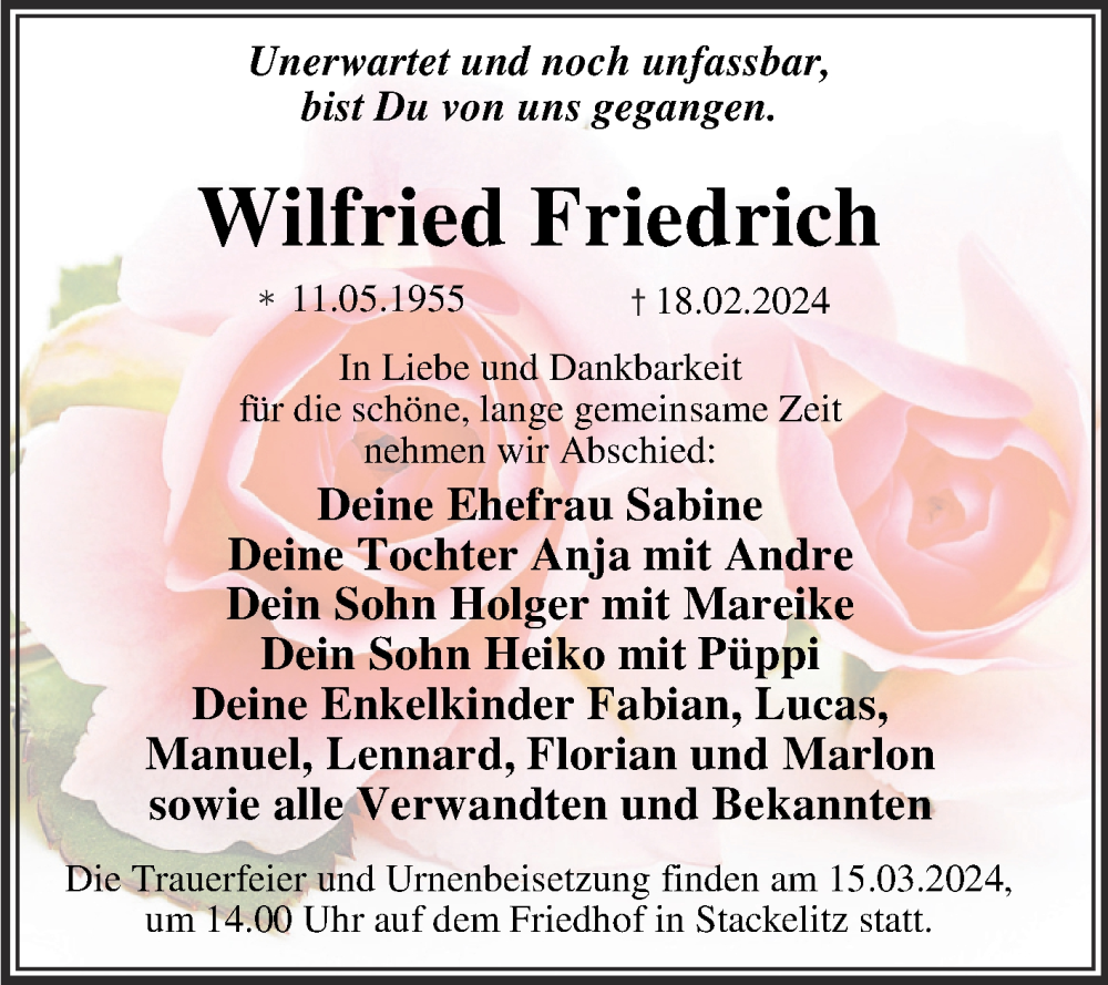 Traueranzeigen Von Wilfried Friedrich Abschied Nehmen De