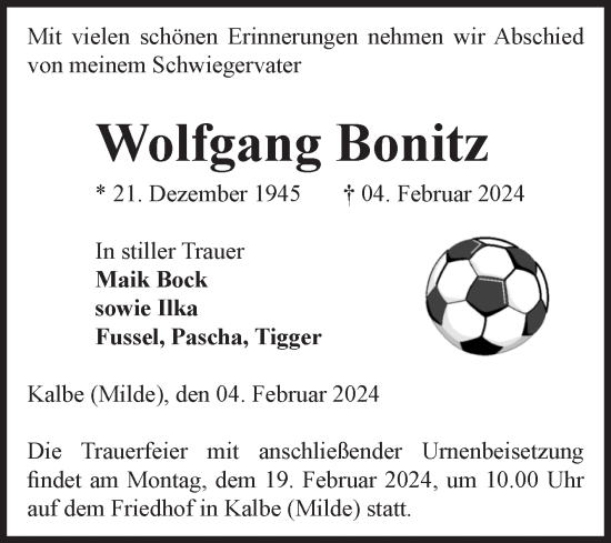 Traueranzeigen Von Wolfgang Bonitz Abschied Nehmen De