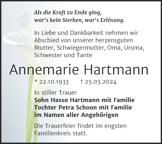 Traueranzeigen Von Annemarie Hartmann Abschied Nehmen De