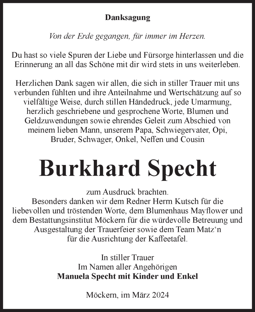 Traueranzeigen Von Burkhard Specht Abschied Nehmen De