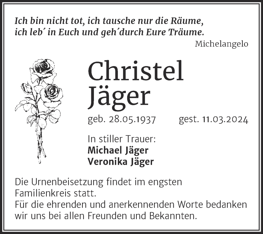 Traueranzeigen von Christel Jäger abschied nehmen de