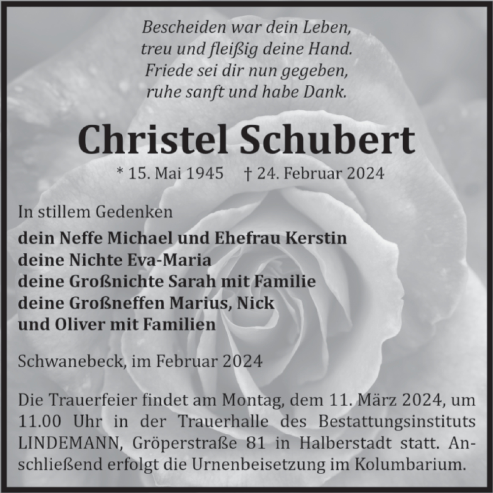 Traueranzeigen Von Christel Schubert Abschied Nehmen De