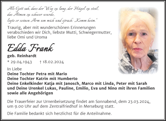 Traueranzeigen Von Edda Frank Abschied Nehmen De