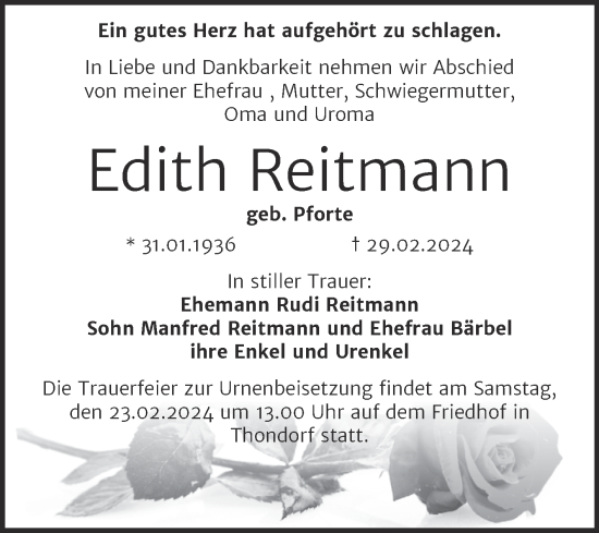 Traueranzeigen Von Edith Reitmann Abschied Nehmen De