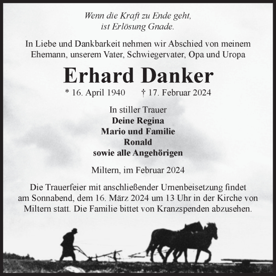 Traueranzeigen Von Erhard Danker Abschied Nehmen De