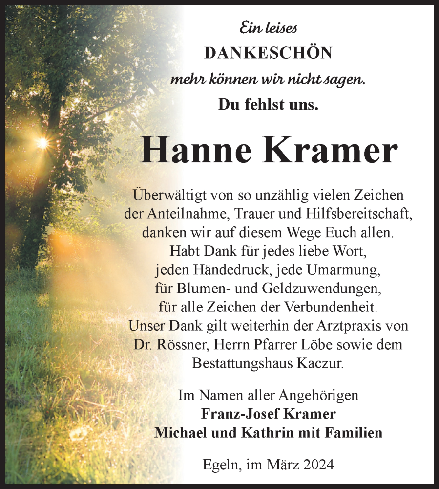 Traueranzeigen Von Hanne Kramer Abschied Nehmen De