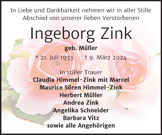 Traueranzeigen Von Ingeborg Zink Abschied Nehmen De