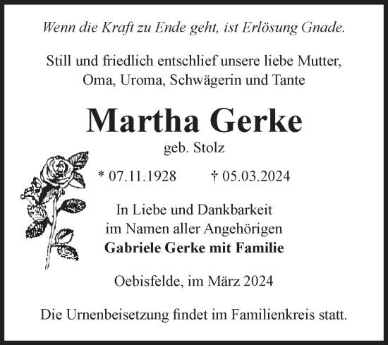 Traueranzeigen Von Martha Gerke Abschied Nehmen De