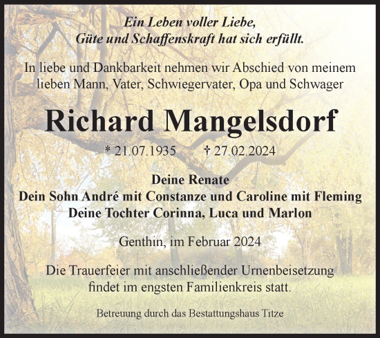 Traueranzeigen Von Richard Mangelsdorf Abschied Nehmen De