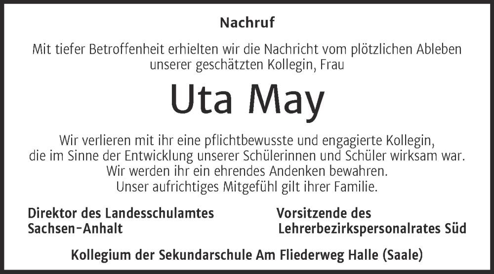 Traueranzeigen Von Uta May Abschied Nehmen De