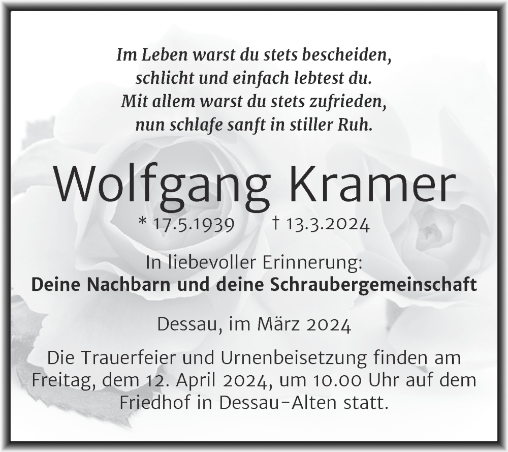 Traueranzeigen Von Wolfgang Kramer Abschied Nehmen De