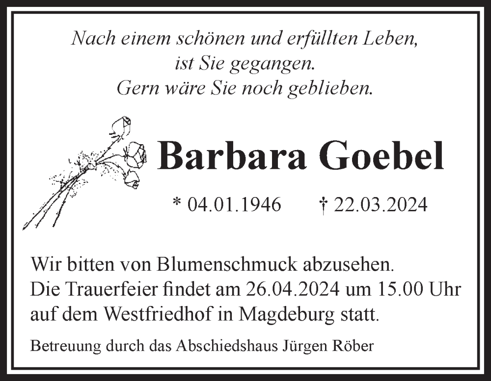 Traueranzeigen Von Barbara Goebel Abschied Nehmen De