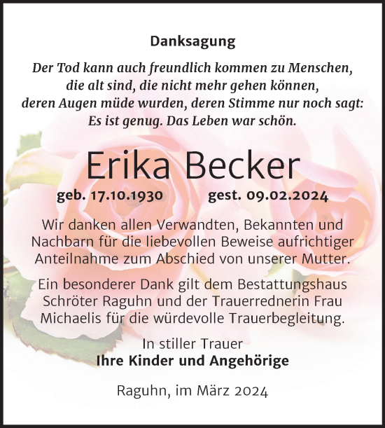 Traueranzeigen Von Erika Becker Abschied Nehmen De