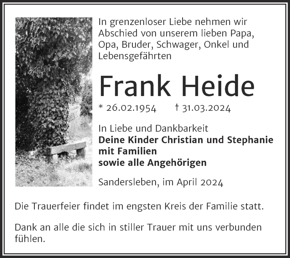 Traueranzeigen Von Frank Heide Abschied Nehmen De