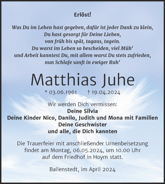 Traueranzeige von Matthias Juhe von Trauerkombi Quedlinburg
