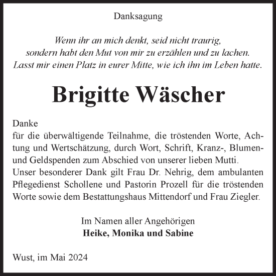 Traueranzeige von Brigitte Wäscher von Volksstimme Altmark Ost