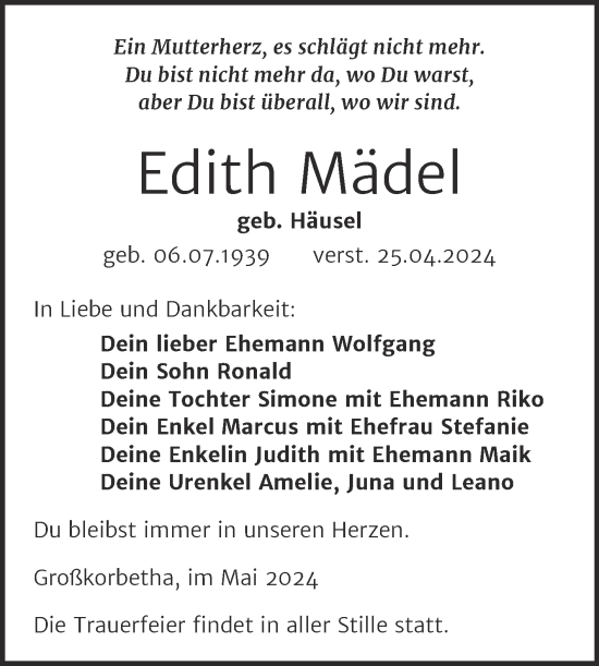 Traueranzeige von Edith Mädel von Trauerkombi Weißenfels
