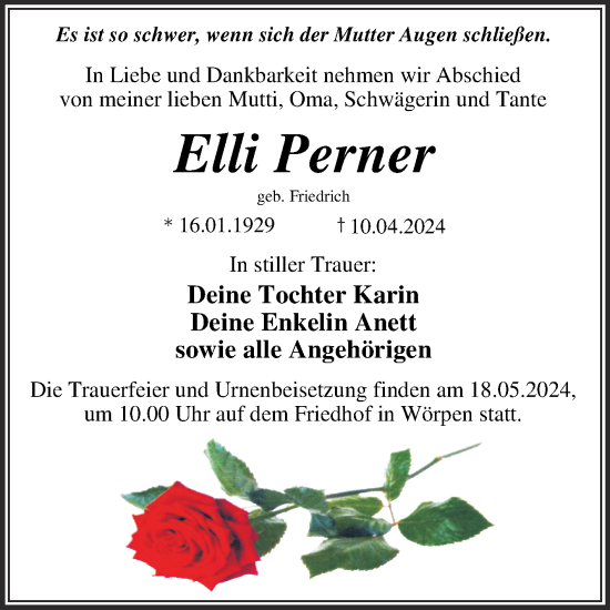 Traueranzeige von Elli Perner von Trauerkombi Wittenberg
