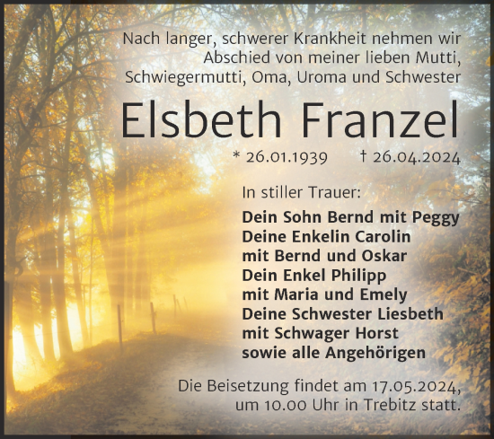 Traueranzeige von Elsbeth Franzet von Trauerkombi Wittenberg