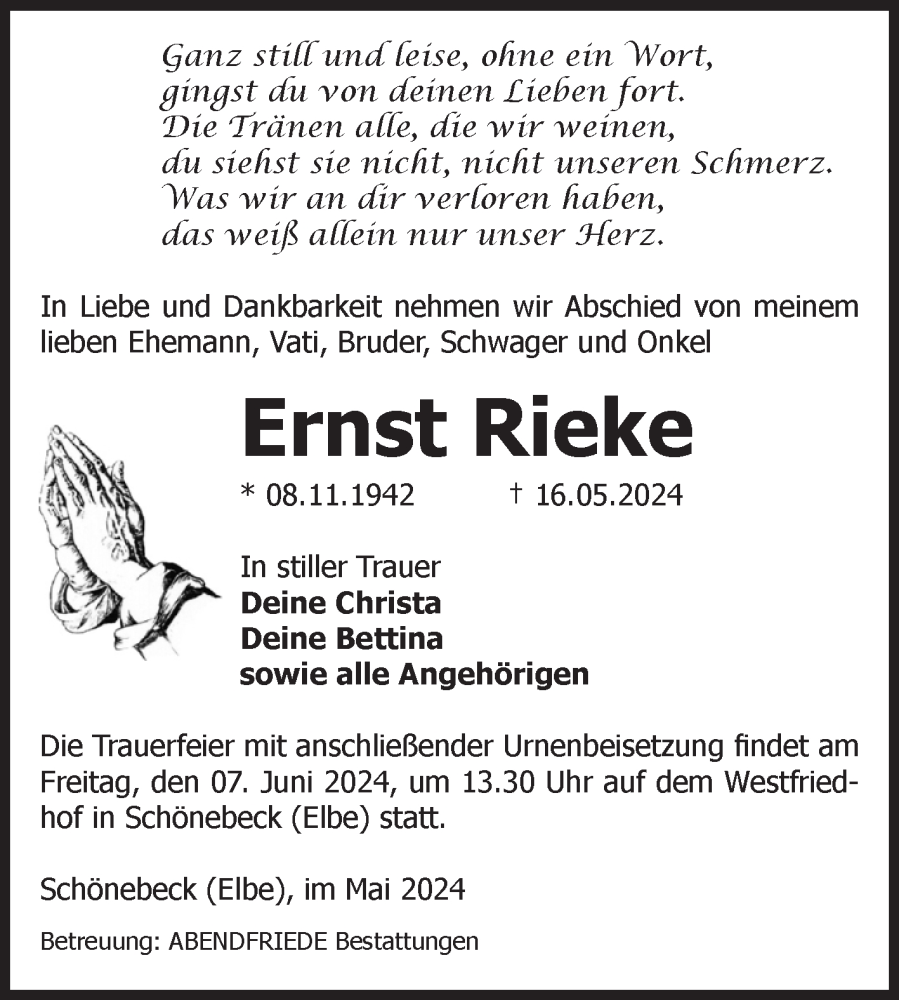 Traueranzeigen Von Ernst Rieke Abschied Nehmen De