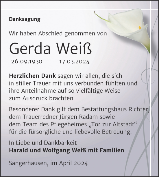 Traueranzeige von Gerda Weiß von Trauerkombi Sangerhausen